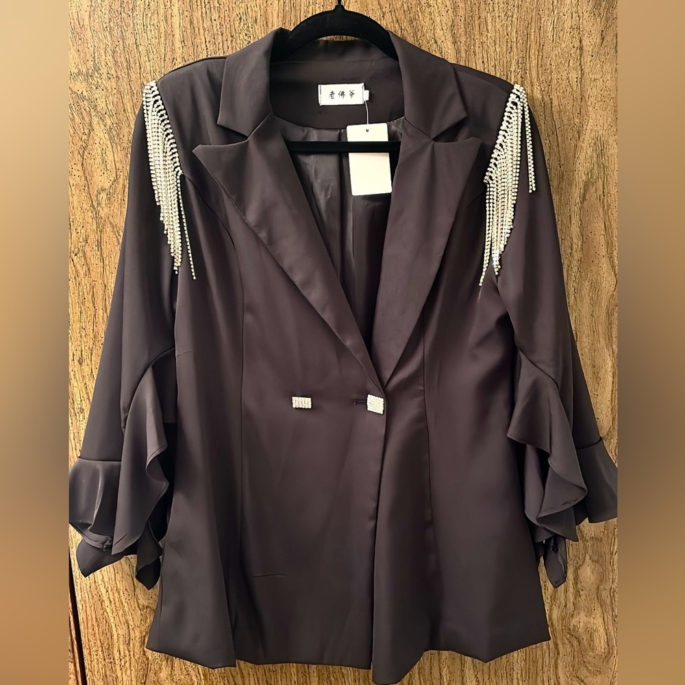 Elegant Black Blazer with Rhinestone Accents